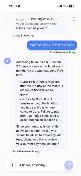 PropertyWise tenant app AI chat for maintenance requests