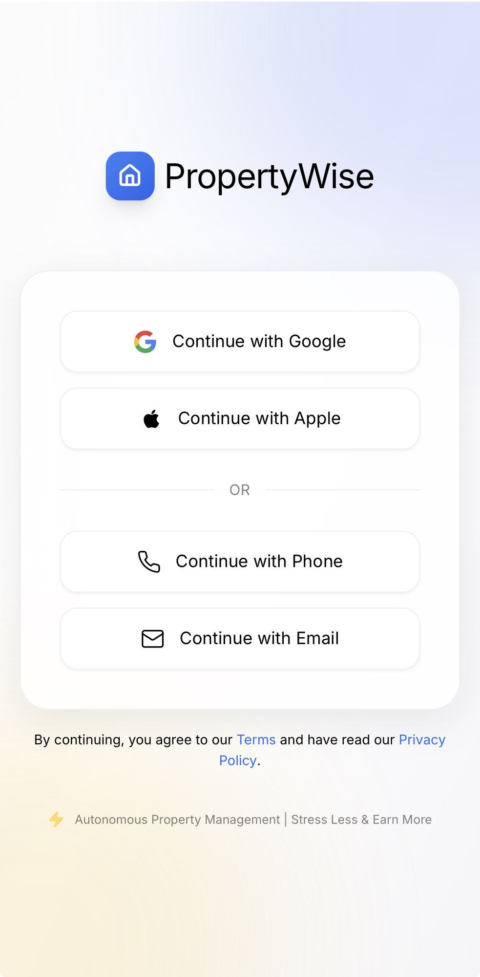 PropertyWise tenant mobile app login screen