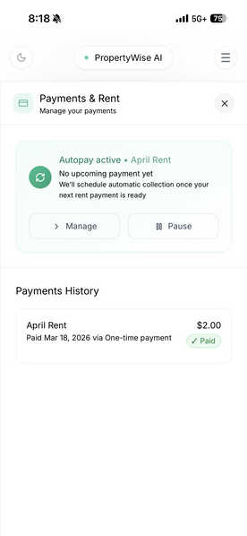 PropertyWise tenant app online rent payment screen